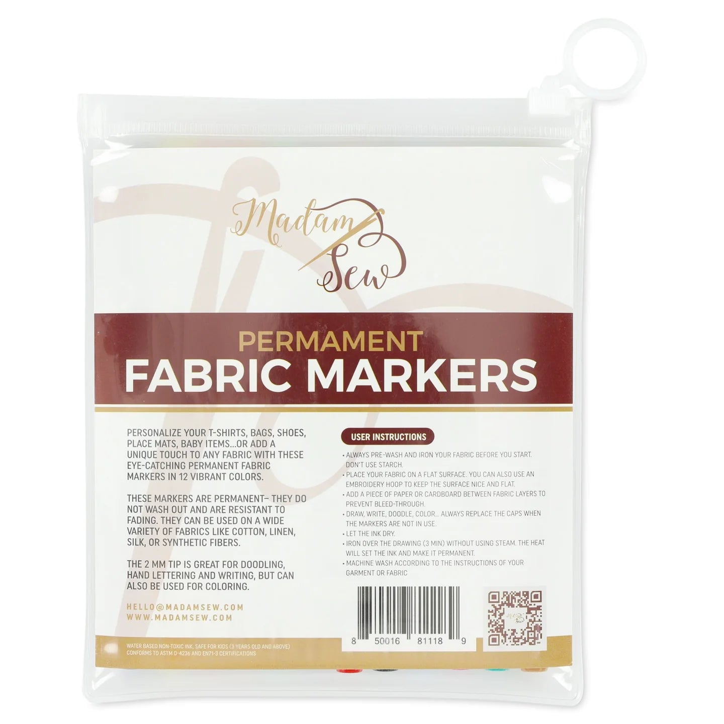 Permanent Fabric Markers - 12 colors in 1 set